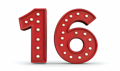 Red illuminated number sixteen on white background