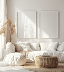 Modern, light-filled living room with white furniture and pampas grass
