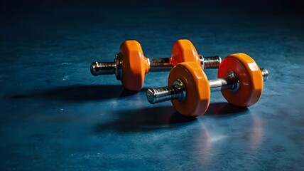 A bright orange dumbbell placed on a blue surface