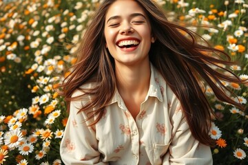Young woman with long, brown, flowing hair, laughing joyfully in a vibrant field of wildflowers.  Mid-20s, light-skinned ethnicity.  She wears a loose, light beige button-down shirt.
