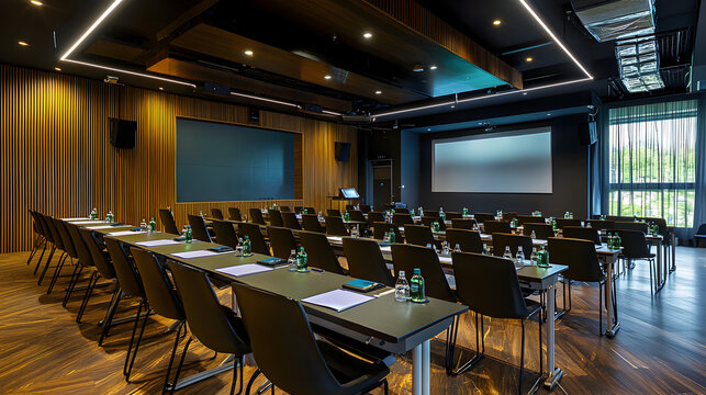 Corporate meeting setup modern conference room professional environment indoor wide-angle view business efficiency