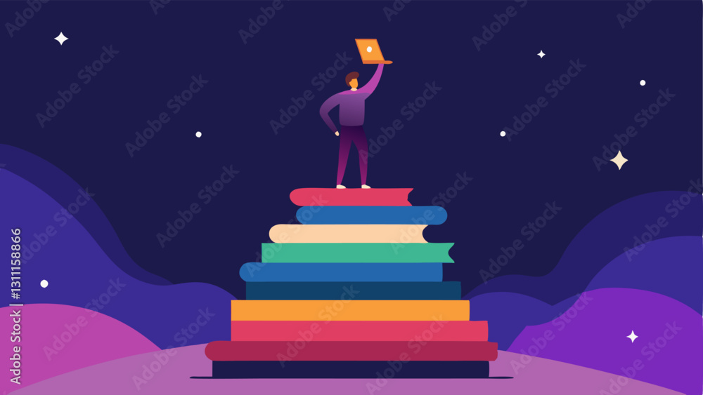 Poster the towering stack a silhouette of a person standing confidently on a tall stack of colorful books a