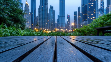 Fototapeta premium Serene Urban Landscape at Dusk with Rain-Drenched Wooden Deck and Skyscrapers