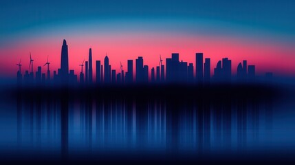Fototapeta premium Serene City Skyline Reflection at Dusk with Wind Turbines and Colorful Sunset Hues