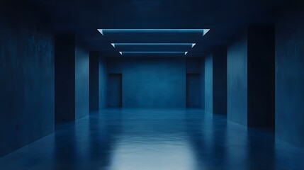 Fototapeta premium Long blue corridor with reflective floor and light fixtures
