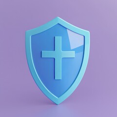 Obraz premium Health and security, blue shield with cross, purple isolation.