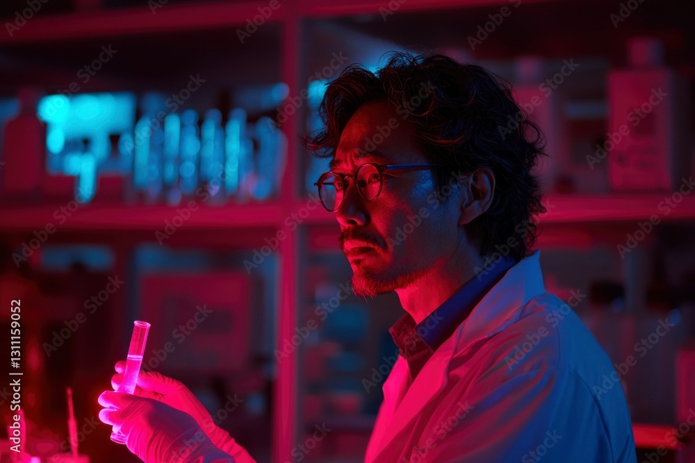 Poster scientist in lab analyzing sample