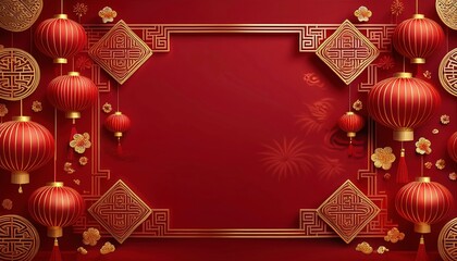 Elegant Red and Gold Chinese New Year Background with Lanterns