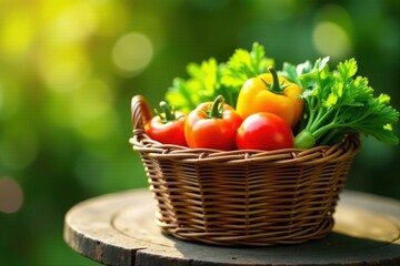 Sun-drenched garden vegetables in rustic wicker basket, green, outdoor