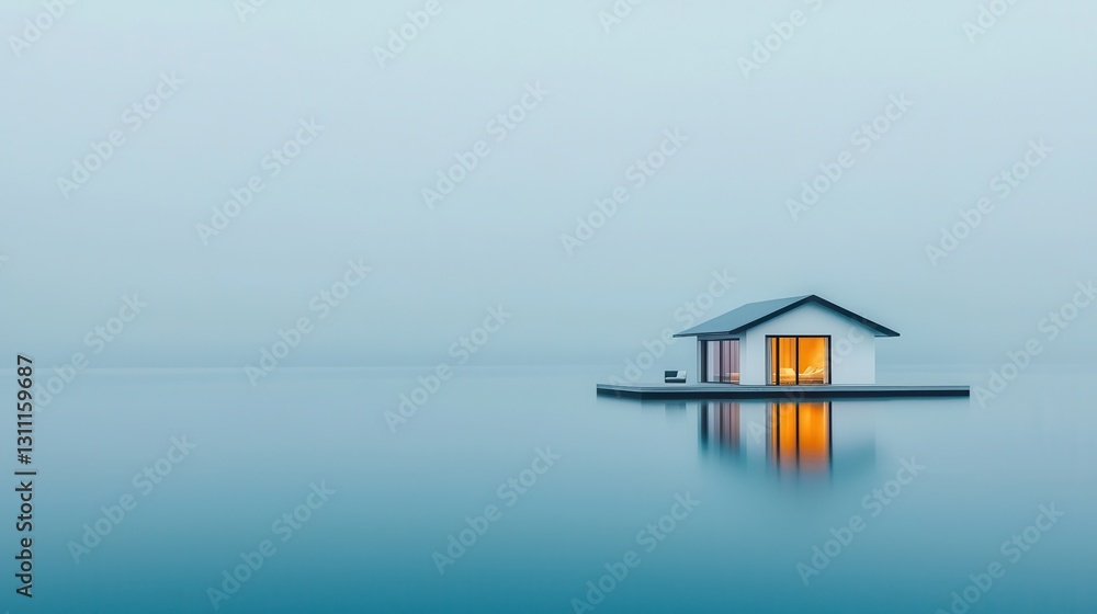 Poster serene floating house in misty waters with soft light reflection at dawn