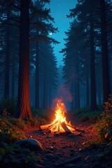 Twilight forest campsite, fire glowing faintly, scenic, wild