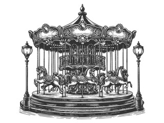Vintage Carousel with Horses vector illustration
