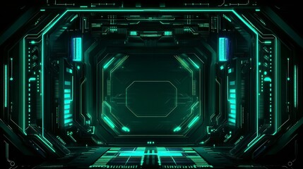 Fototapeta premium Abstract Dark Room with Green and Blue Neon Lights, Glowing USA on Black Background for Product Display or Big hollow space room in dark neon light blue green background. Futuristic night scene.