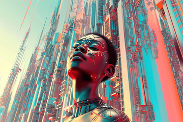 Fototapeta premium Afro-futuristic woman wearing metallic tribal jewelry, surrounded by neon holographic city skyline