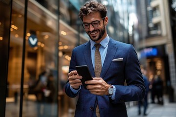 Businessman texting city street