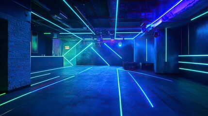 Abstract empty room with blue and green neon light lines on a dark background, a nightclub interior design, a stage for a DJ party or show performance, a virtual space for dance video production.
