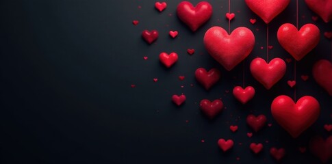 Dark red and burgundy hearts scattered on black background, pattern, matte, shadow