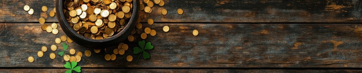 St. Patricks day leprechaun pot overflowing with gold coins for festive celebrations