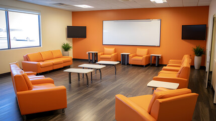 Collaborative meeting setup modern office interior design bright environment wide angle teamwork concept