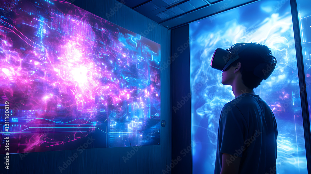 Poster virtual reality experience modern gallery digital art display interactive environment immersive view