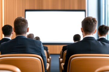Fototapeta premium Audience In Conference Room Facing A Blank Projector Screen