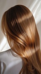 Naklejka premium Beautiful model girl with Brown hair strand,silky healthy chestnut wavy hair strand,hair wavy ribbon, with smooth,Keratin straightening,Treatment,straight long hair,procedures,Smooth hairstyle.