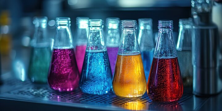 Colorful chemical reactions indoor lab bottle experiments in close-up photography