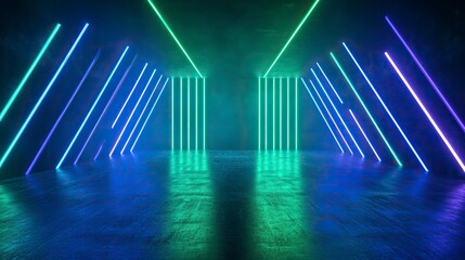 Abstract empty room with blue and green neon light lines on a dark background, a nightclub interior design, a stage for a DJ party or show performance, a virtual space for dance video production.