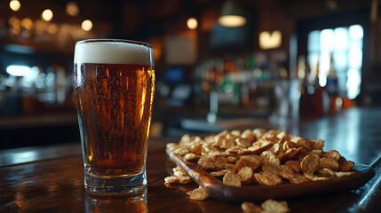 Refreshing beer and snacks on a bar top
