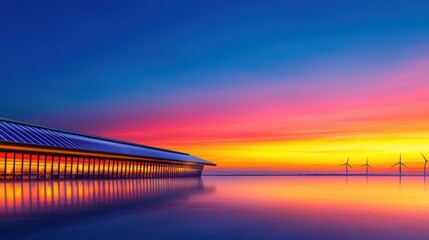 Fototapeta premium Breathtaking Sunset Over Water with Modern Architecture and Wind Turbines in View