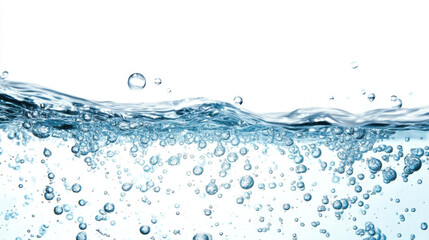 Blue water splash on white background with bubbles and waves
