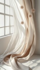Realistic depiction of viruses gently floating by a window with soft fabric in a light setting