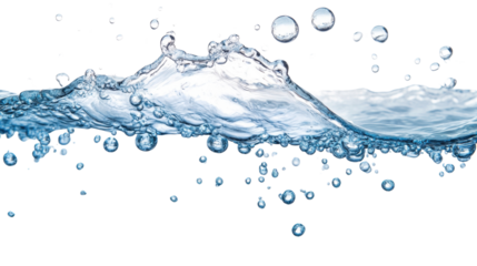 Blue water splash on white background with bubbles and waves