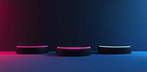 Abstract geometric background with blue and pink neon lights, a podium for product presentation in virtual reality or e-commerce design. Futuristic scene with black shapes. 