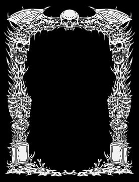 black and white hand drawn death metal frame illustration for poster, gigs rundown, flyer, banner, social media post or backprint tshirt