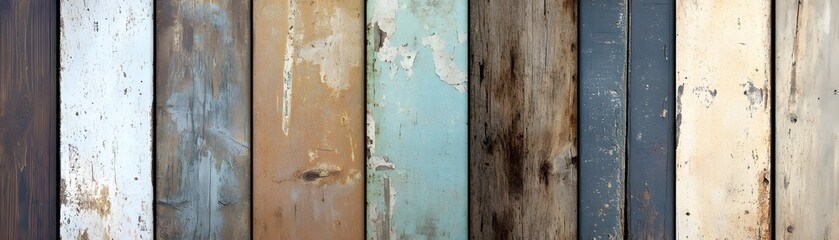 Distressed wooden planks of varying colors are arranged vertically