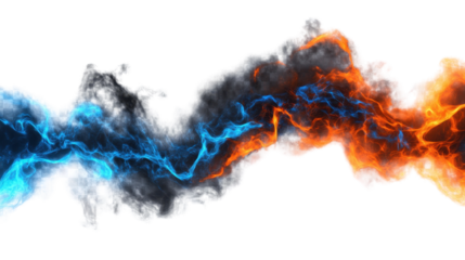 Blue fire flames with orange splashes and watercolor texture on a white background