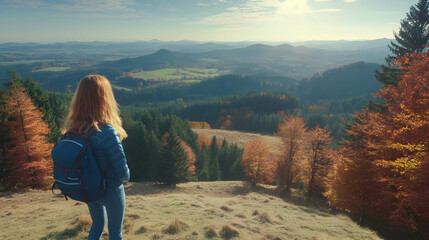 Fototapeta premium Woman with Backpack Enjoying Autumn Landscape View