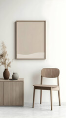 3D Render Of Minimalist Interior With Wooden Chair And Cabinetry