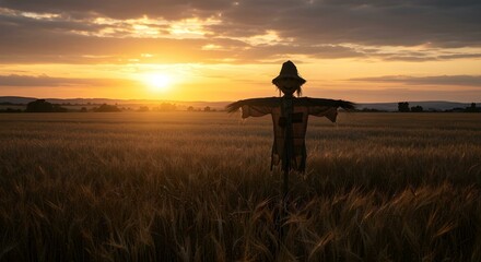 Obraz premium A solitary scarecrow standing in the middle of golden wheat fields, silhouetted against a glowing sunset, 16:9