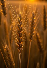 Close-up of golden wheat stalks, backlit by the warm hues of a setting sun, 3:4