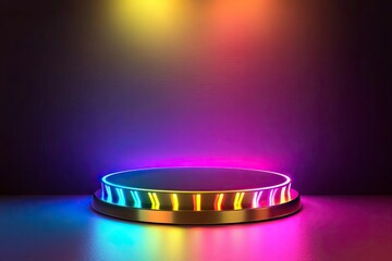 Abstract golden podium with colorful lights for an award ceremony on a dark background, vector illustration. Isolated on a pastel background, with photorealistic, high-resolution photography. 