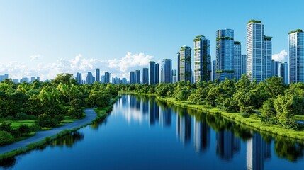 Obraz premium Lush Urban Landscape with Skyscrapers and Reflective Water Under Bright Blue Sky
