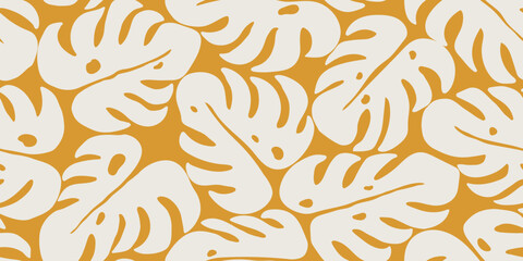 Hand drawn monstera leaf seamless pattern. White and gold abstract background with tropical leaves. Design for fabric, textiles, clothing, wrapping, cover, decor, wallpaper.