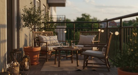 Fototapeta premium Cozy Balcony with Rattan Furniture and String Lights at Sunset