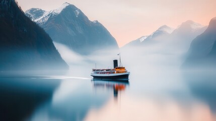 Serene Vintage Ship Floating in Misty Mountain Lake at Sunrise
