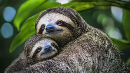 Naklejka premium Mother and baby sloth embracing in lush green forest setting