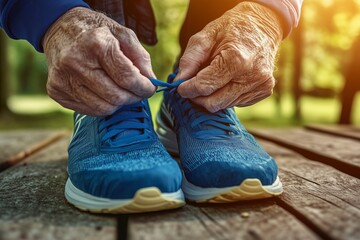Elderly hands tying blue shoelaces on sports sneakers, preparing for an outdoor walk in a park during sunset