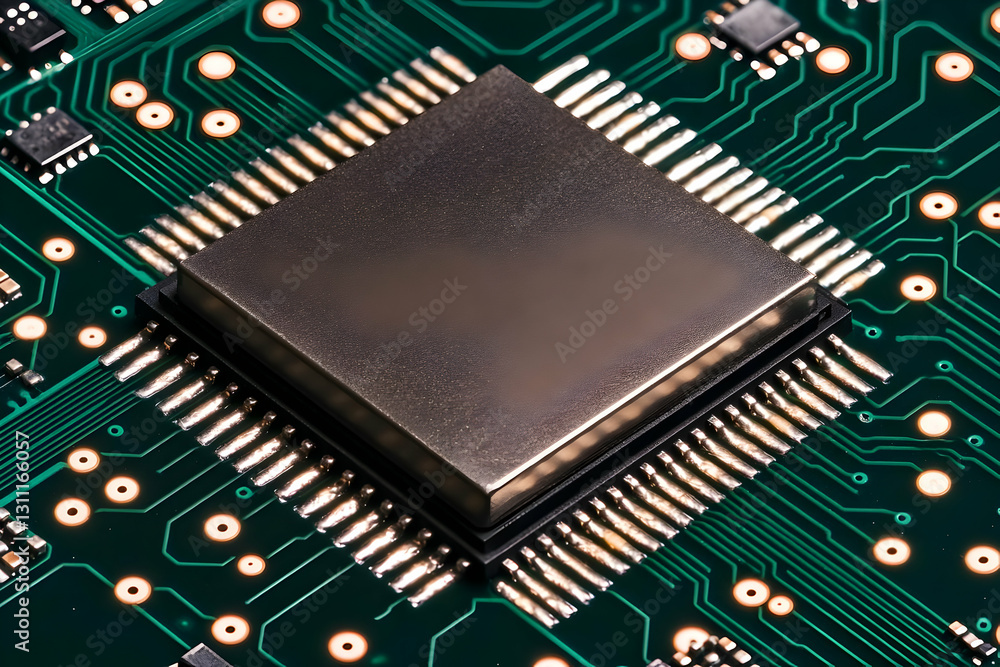 Poster detailed close up macro photo of a microchip on a green circuit board