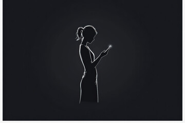 A young person holding their phone in the dark, A silhouette of a woman engaged with her smartphone, conveying modern communication and technology in a minimalist style.